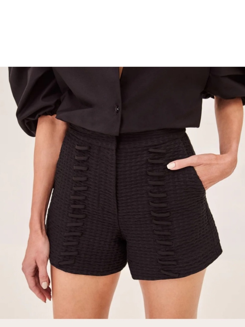 Alexis Black High-Waist Textured Shorts with Ladder Trim